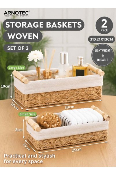 Generic Set of 2 Rectangular Woven Storage Baskets with Washable Linen Liners...