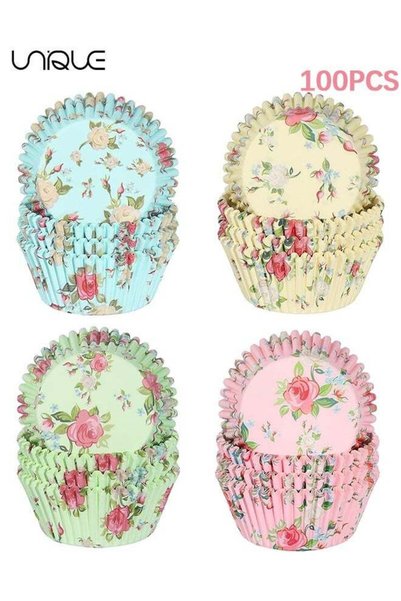 Generic 100Pcs Floral Cupcake Liners - 4 Colors - Disposable Paper Cupcake Li...