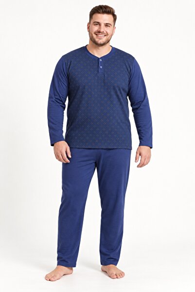 CottonVia طقم بيجامة رجالي مقاس كبير، 100% قطن، جاكار، ياقة بأزرار، إنترلوك، ...