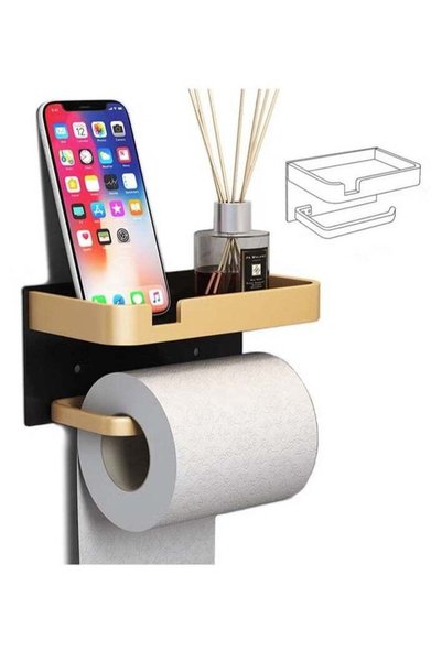 Generic Toilet Paper Holder with Shelf Adhesive Wall Mounted No Drill Alumini...