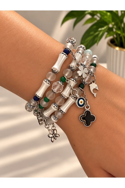 Boncuk Women's 4-Piece Charm Bracelet Set Light Blue Dark Blue Light Green Da...