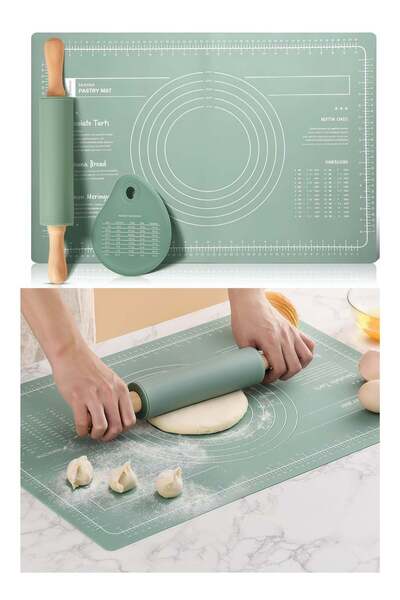 Generic Silicone Baking Mat with Rolling Pin & Dough Cutter, 3-Piece Set, Non...