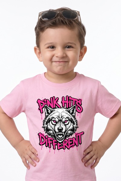 Funkaar Pink Hits Different Wolf Kids T-Shirt – Unisex Cotton Tee