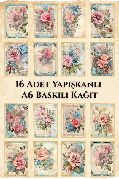Kolbi Craft 16 Adet Eskitme Vintage Pembe Mavi Temalı Yapışkanlı Scrapbook Ka...