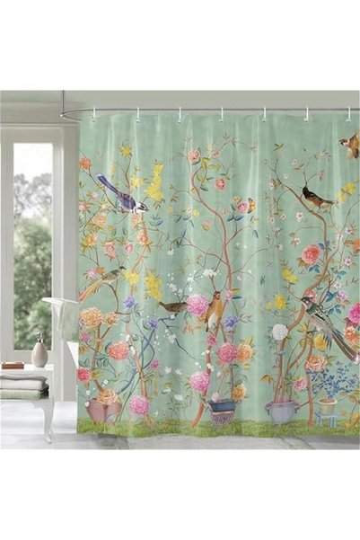 Generic Green Mold-Resistant Bird Floral Shower Curtain with 12 Hooks - Water...