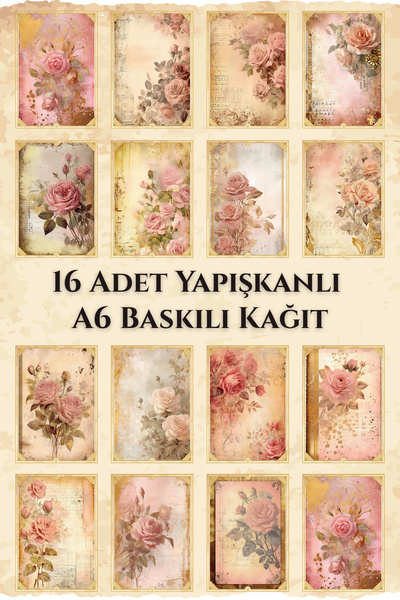 Kolbi Craft 16 Adet Eskitme Vintage Gül Temalı Yapışkanlı Scrapbook Kağıt Set...