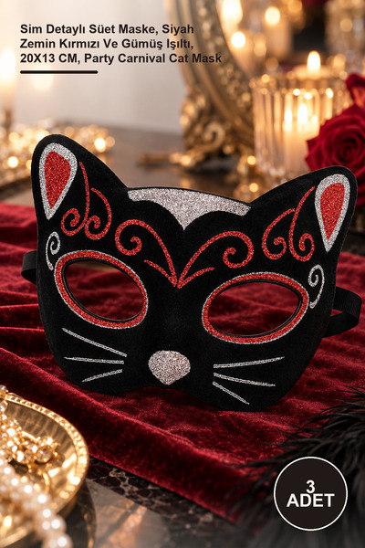 Yenilig 3 Adet Kadife Dokulu Kedi Maskesi – Sim Detaylı Süet Maske, Siyah Zemin Kırmızı Ve Gümüş Işıltı, 20X13 CM, Party Carnival Cat Mask