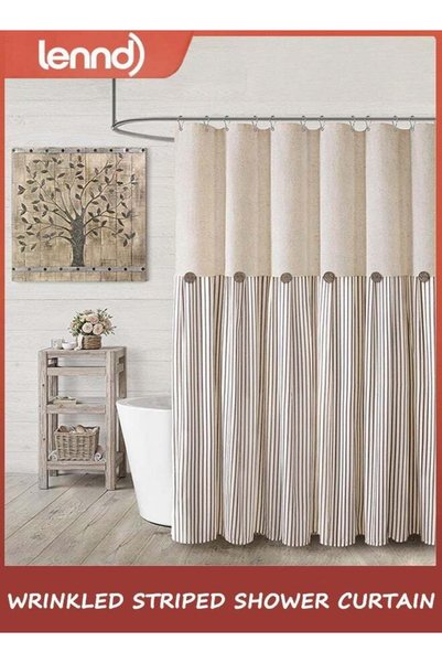 Generic Farmhouse Shower Curtain Linen Beige Button Woven Fabric Country Rust...