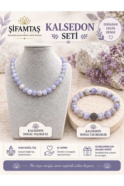 ŞİFAMTAŞ طقم حجر الكالسيدون الطبيعي (سوار وقلادة)