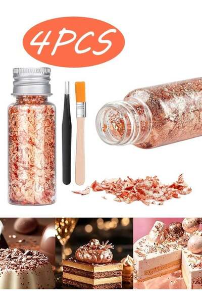Generic 4 Pcs Edible Rose Gold Leaf Sheets with Brush and Tweezers Food Grade...