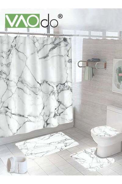 Generic 4PCS Printed Shower Curtain Set Polyester Gray Black Marble Pattern T...