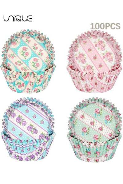 Generic 100Pcs Retro Rose Cupcake Liners - 4 Colors - Disposable Paper Cupcak...