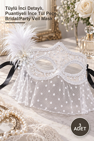 Yenilig 3 Pieces White Lace Tulle Veil Party Mask – Feathered Pearl Detail, P...