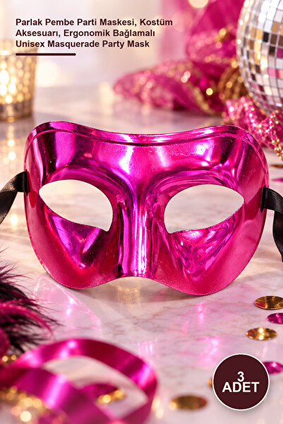 Yenilig 3 Pieces of Metalized Venetian Mask – Shiny Pink Party Mask, Costume ...