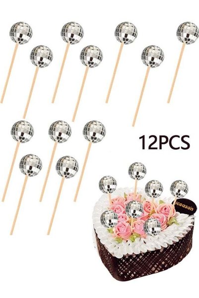 Generic 12 Pcs Silver 70s Disco Theme Mini Shiny Disco Ball Cake Toppers, Cak...