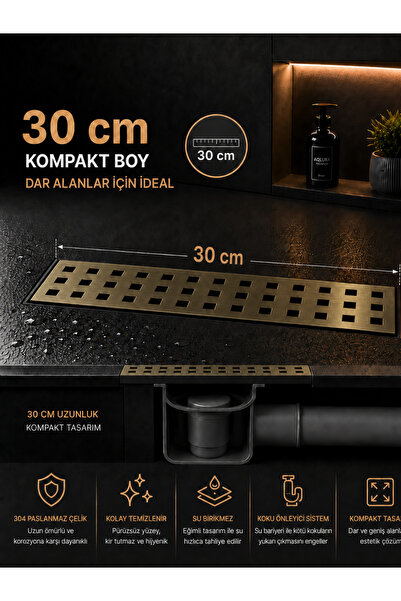RALKEN 30 cm Lineer Dikdörtgen Duş Kanalı Antik Eskitme Renk Paslanmaz Çelik ...