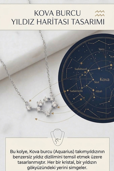 AURRARİ Gümüş Kaplama Yıldız Haritası Kova Burçu Aquarius Çelik Kolye