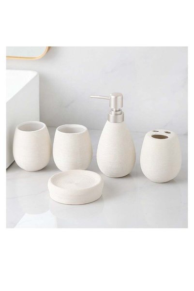 Generic Minimalist 5 Piece White Ceramic Bathroom Accessories Set , Textured ...