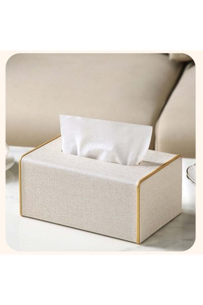 Generic Linen Patterned Fabric Tissue Box with Gold Edges 8.3×5.1×3.5 Inch, M...