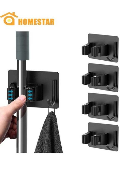 Generic 4 Pcs Broom Holder No Drill, Mop Broom Organizer Wall Mounted Heavy D...