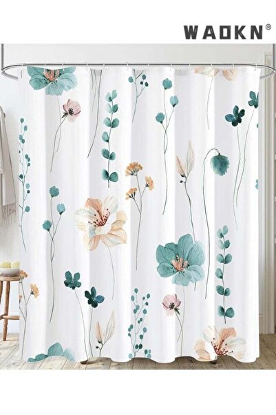 Generic Watercolor Floral Shower Curtain, sage blue Beige Flower Shower Curta...