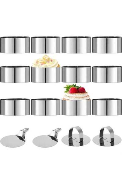 Generic 16-Piece Stainless Steel Mousse Ring Set - Round Cake Molds with Push...