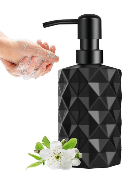 Generic Diamond Black Glass Soap Dispenser, 12 Oz Refillable Bottle with Plas...