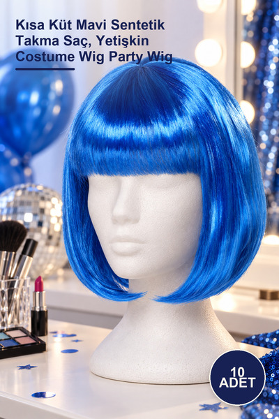 Yenilig 10 Adet Parti Peruk – Kısa Küt Mavi Sentetik Takma Saç, Yetişkin Costume Wig Party Wig