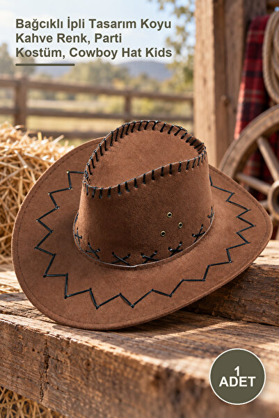 Yenilig 1 piece children's nubuck suede cowboy hat - lace-up drawstring desig...