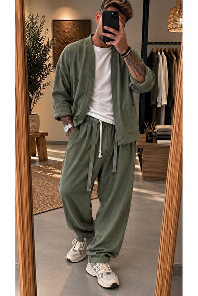 Dayıbalı Hidrasoul Erkek Haki Dokulu Oversize Kimono Pantolon İkili Takım