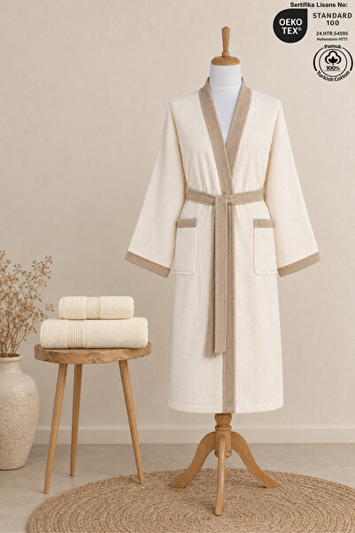 Ellaline 3 Piece Kimono Bathrobe Set 100% Cotton Certified Contrast Striped U...