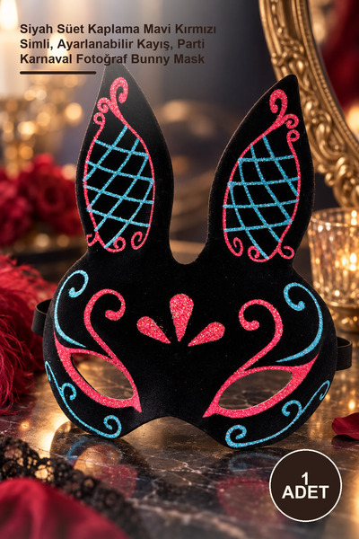 Yenilig 1 Piece Rabbit Mask – Black Suede Covering with Blue Red Glitter, Adj...