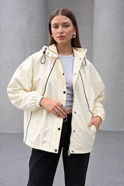 İLKCET MODA Biye Detaylı Oversize Kadın Yağmurluk
