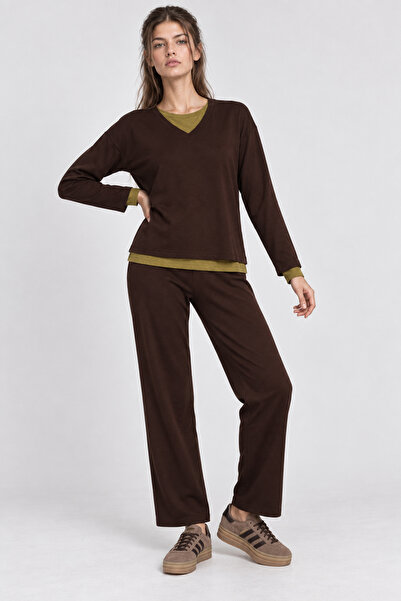 Lovelyİstanbul Comfortable Stretchy V-Neck Modal Suit Lrn0076 Brown