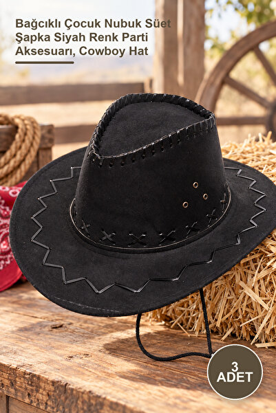 Yenilig 3-piece cowboy hat set - lace-up kids' nubuck suede hat, black party ...
