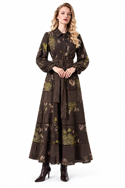 MissWhence Patterned Cupra Silk Dress 40823 Coffee