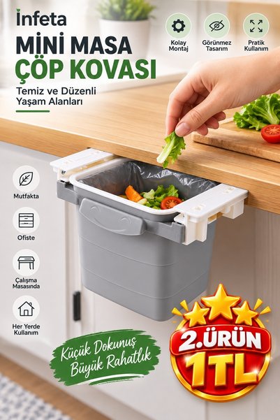 İnfeta Mini Masa Çöp Kovası Plastik Tezgah Altı Geri Çekilebilir Yapışkanlı G...