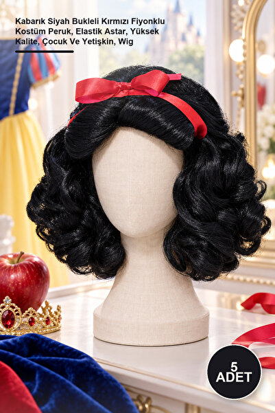 Yenilig 5Pcs Fairy Tale Princess Wig – Fluffy Black Curls with Red Bow Costum...