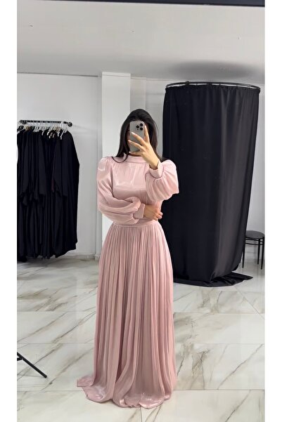Kadın Pembe Büyük Beden Saten Abiye Elbise
