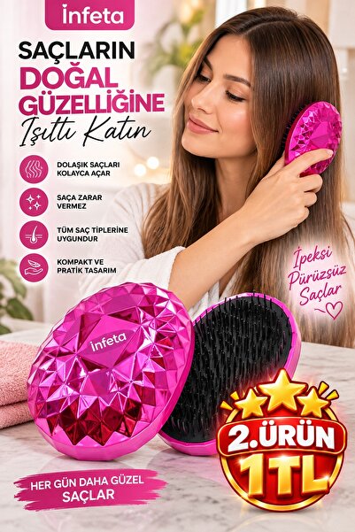 İnfeta Neon Pink Diamond Design Detangling Hairbrush Compact Hair Brush