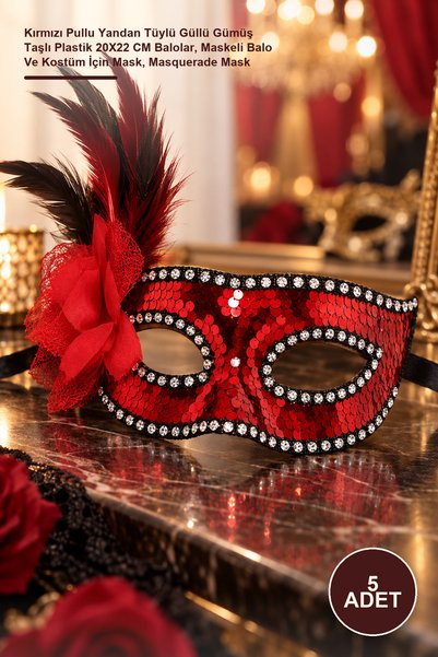 Yenilig 5 Pieces Masks – Red Sequined, Side Feathered, Rose-Embellished, Silv...
