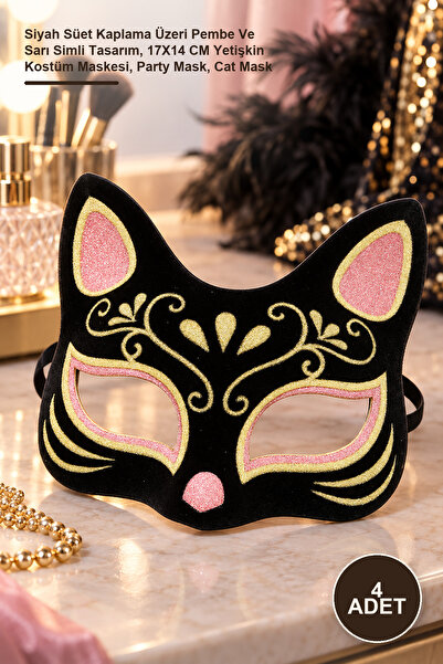 4 Adet Kedi Maskesi – Siyah Süet Kaplama Üzeri Pembe Ve Sarı Simli Tasarım, 17X14 CM Yetişkin Kostüm Maskesi, Party Mask, Cat Mask