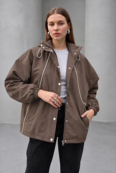 İLKCET MODA Biye Detaylı Oversize Kadın Yağmurluk
