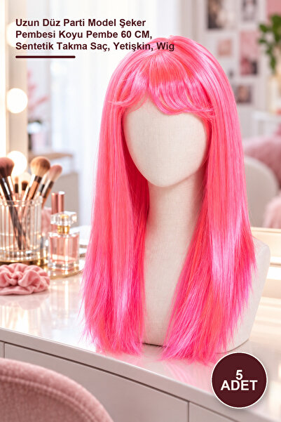 Yenilig 5-piece wig set – long straight party style candy pink dark pink 60 c...