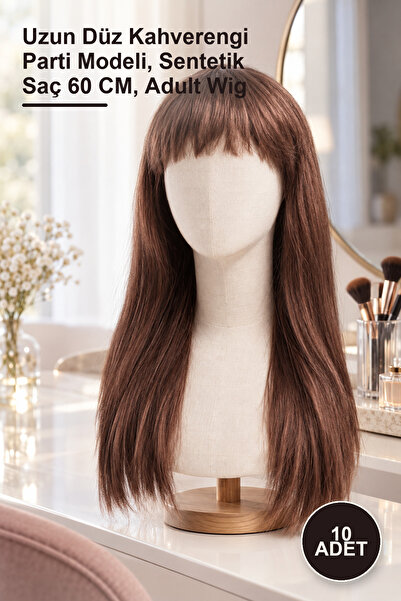 Yenilig 10 Adet Peruk – Uzun Düz Kahverengi Parti Modeli, Sentetik Saç 60 CM, Adult Wig