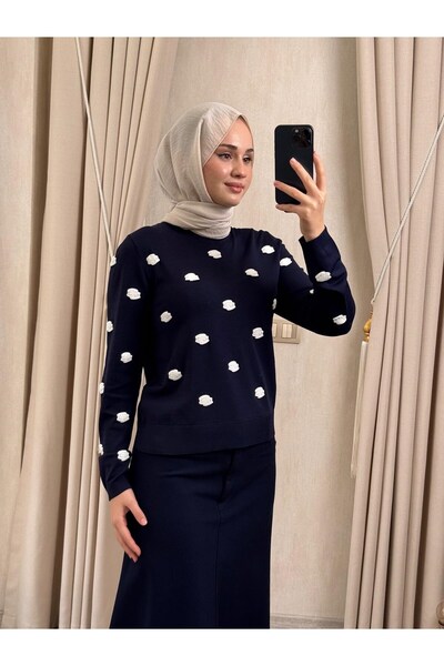 Ghisa 4474 Nakış Bulut İşlemeli Merserize Bluz Lacivert
