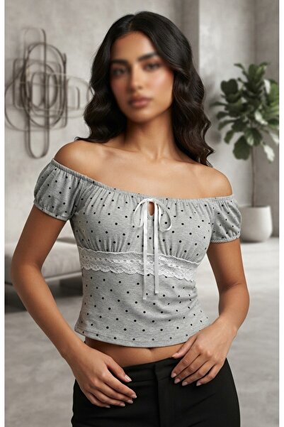 kadina Charming Lace-Trimmed Off-The-Shoulder Polka Dot Blouse