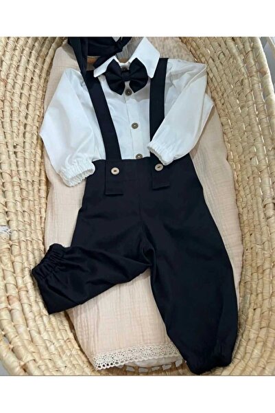 ykr design Erkek Bebek Özel Gün 3'lü Salopet Gömlek Papyon Takımı - Siyah