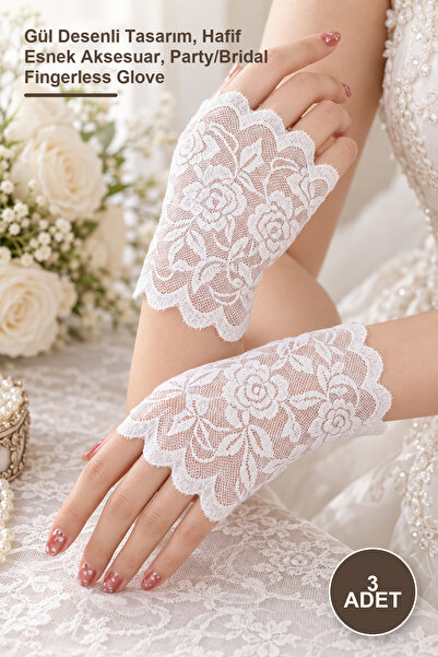 Yenilig 3 Pcs White Lace Fingerless Short Gloves – Rose Pattern Design, Light...