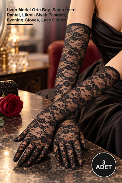 Yenilig 3 Pieces of Lace Gloves – Long Model, Medium Size, Lace over Satin, B...